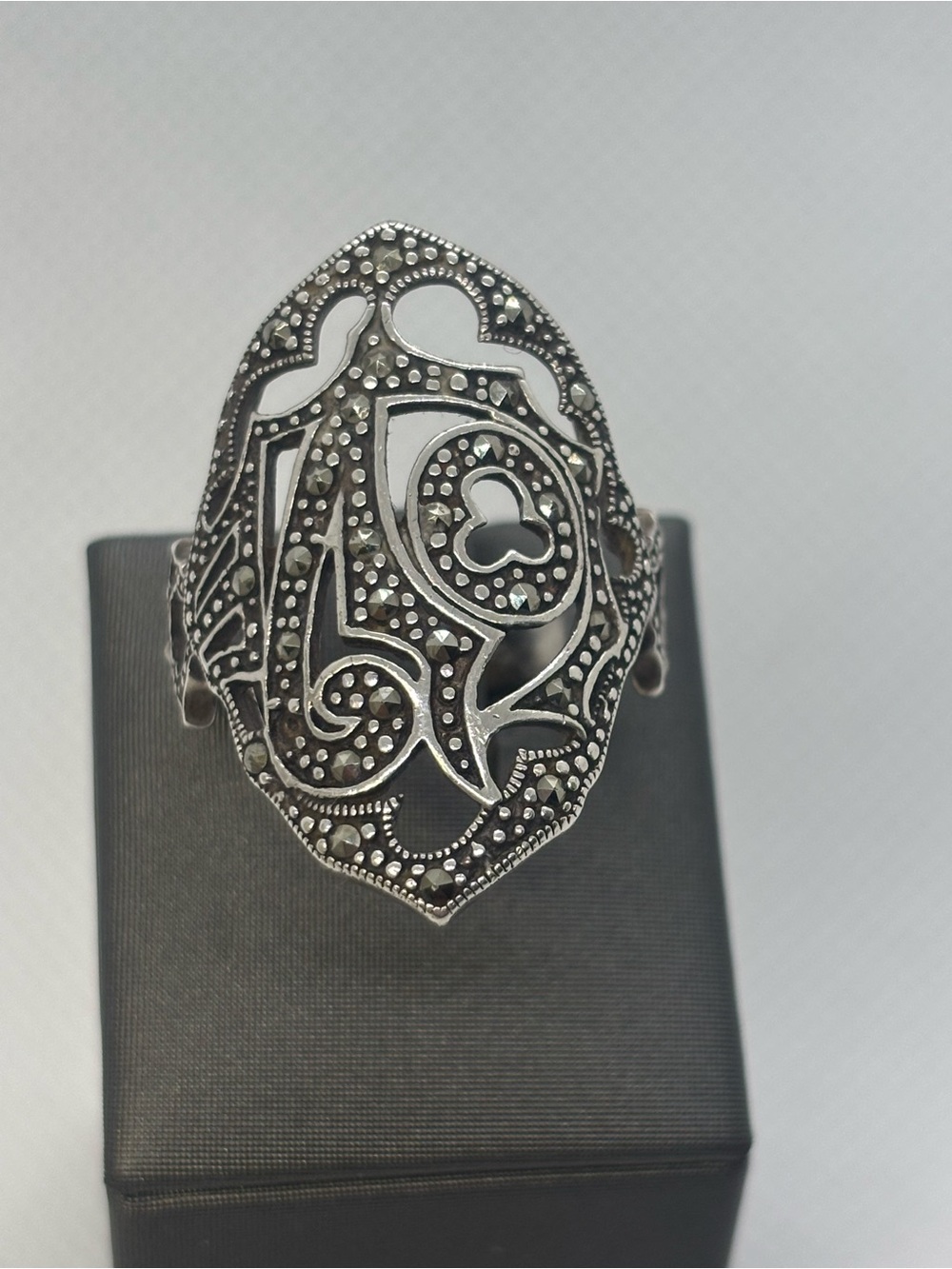 Sterling Silver Filigree Marcasite Cocktail Ring - Silver